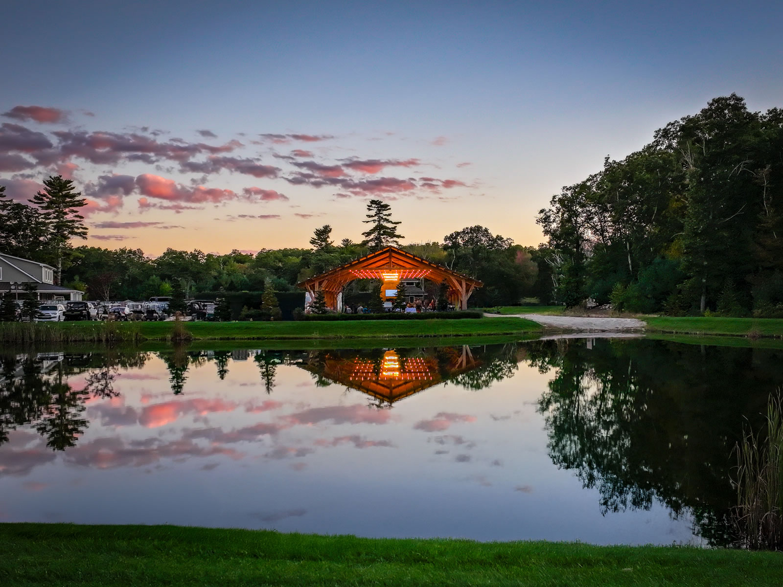 The lakeside pavilion at dusk